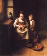 Nicolas Maes, A Woman Scraping Parsnips,with a Child Standing by Her